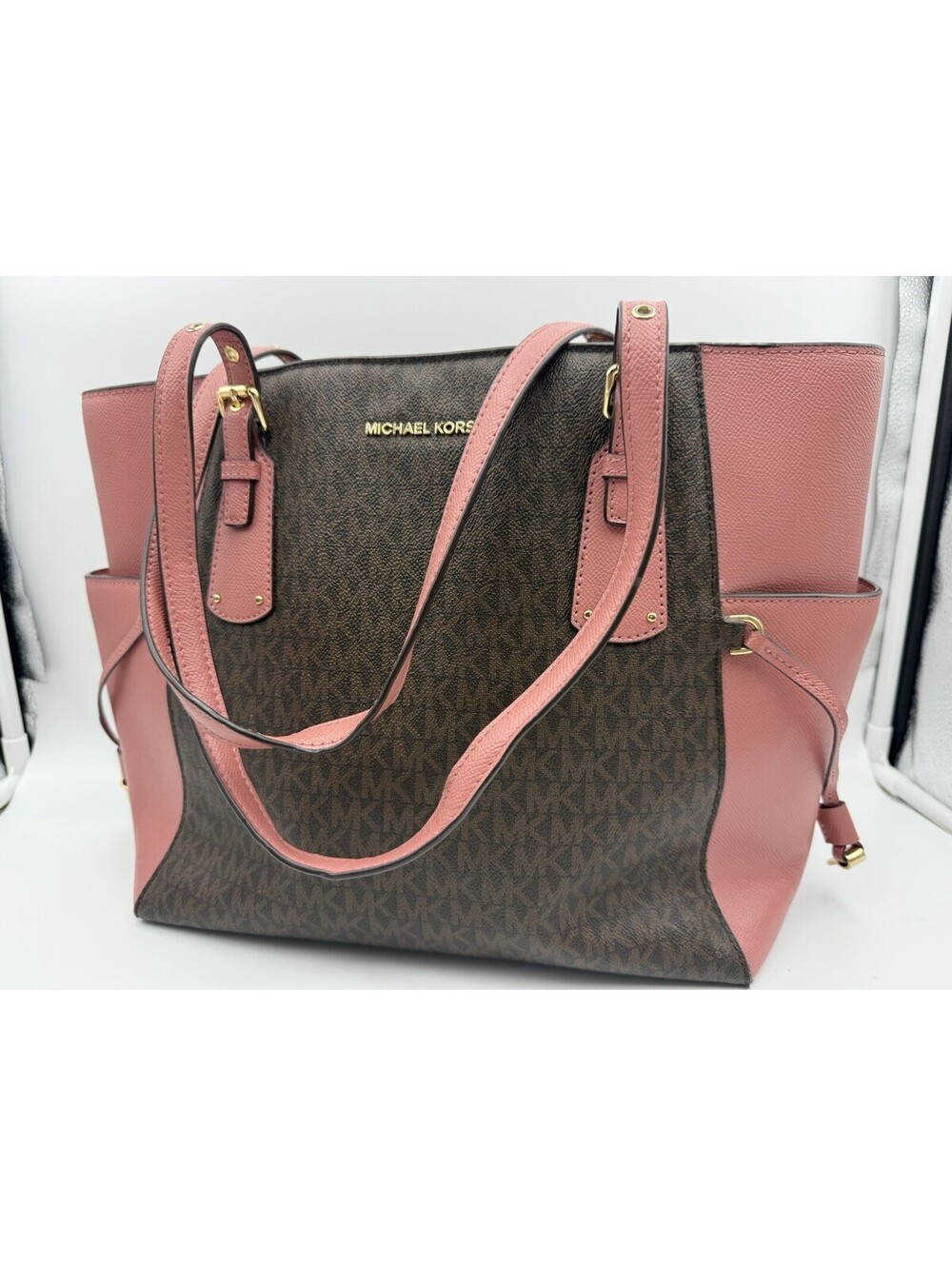 Michael Kors Pink Black Brown Tote Laptop Luxury Preppy Chic Coquette Academic